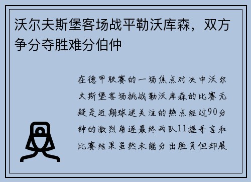 沃尔夫斯堡客场战平勒沃库森，双方争分夺胜难分伯仲